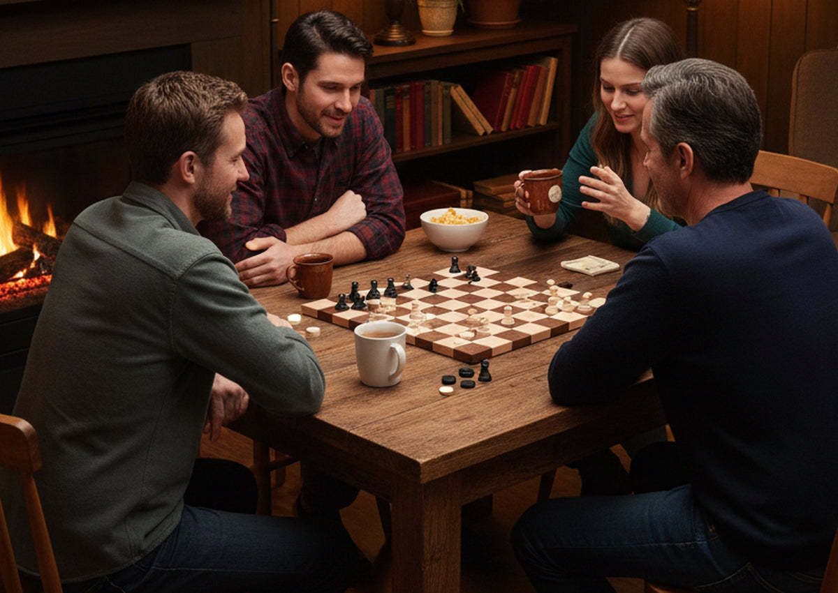 Maple and walnut hardwood 18-inch chess and checkers game board with natural wood finish, featuring detailed game spaces and smooth edges.