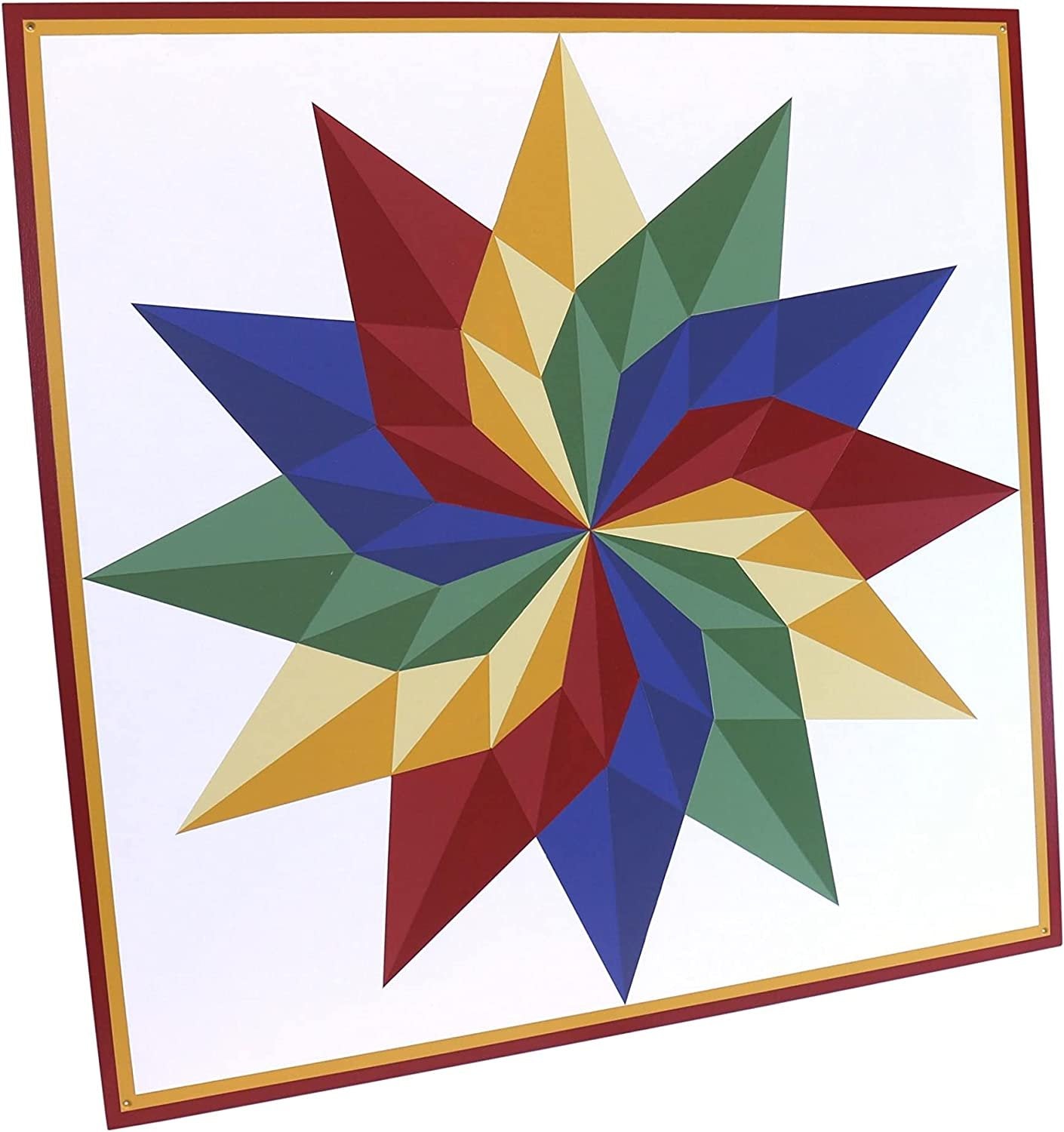 Hand-painted AmishToyBox.com barn quilt sign featuring a dahlia "Sunburst" design, 36-inch square for lawn and patio decor.