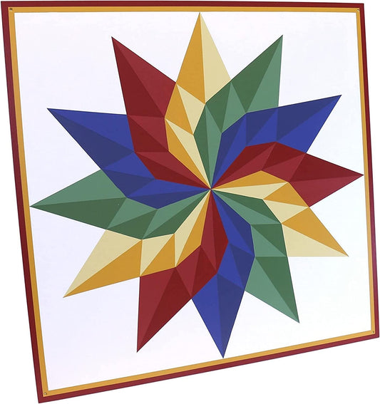 Hand-painted barn quilt sign featuring a Dahlia Sunburst design, 36-inch square, decorative outdoor wall art for lawn and patio.
