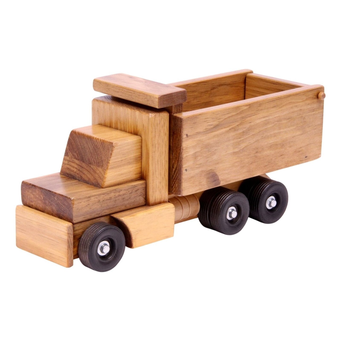 Amish-made wooden toy dump truck with kid-safe finish, part of AmishToyBox.com’s wooden trucks and trains collection.