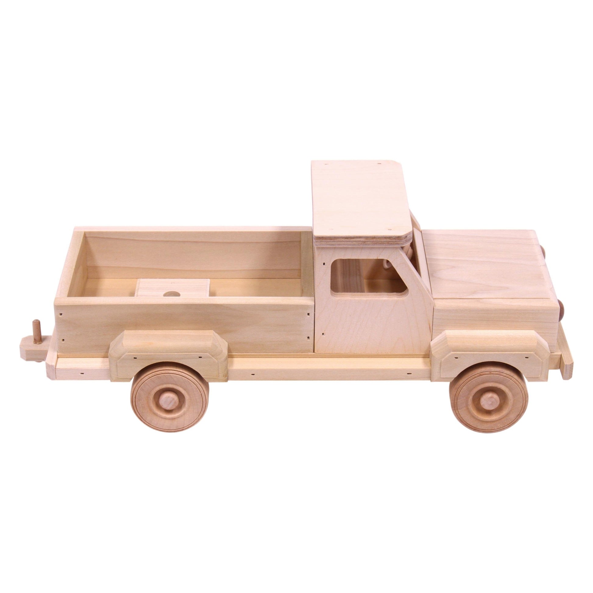 Amish-made wooden toy pickup truck with gooseneck trailer set, perfect for farming play and imaginative wooden toy adventures.