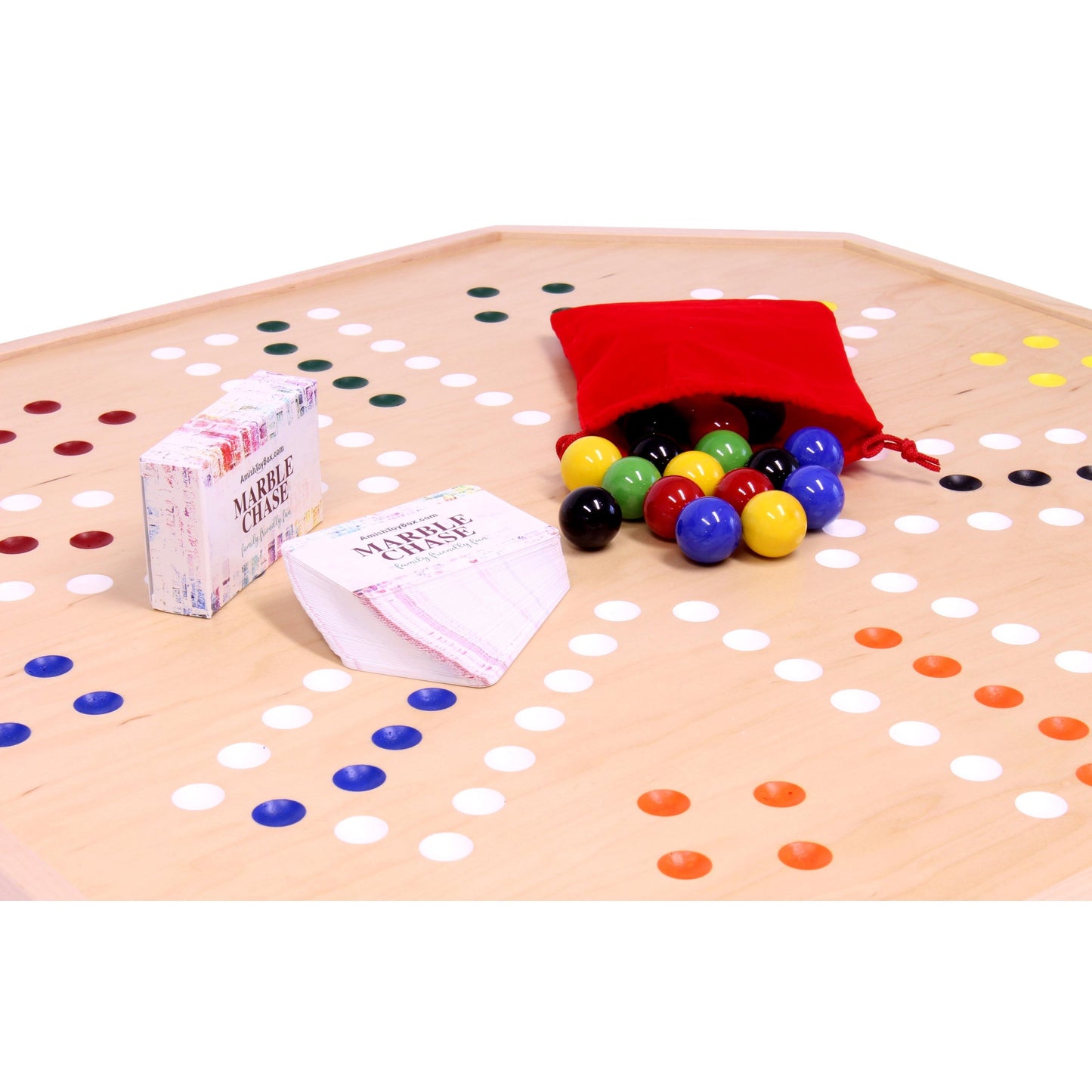 Wooden marble chase board game set with a 25-inch double-sided surface, featuring colorful wooden marbles and smooth finish.