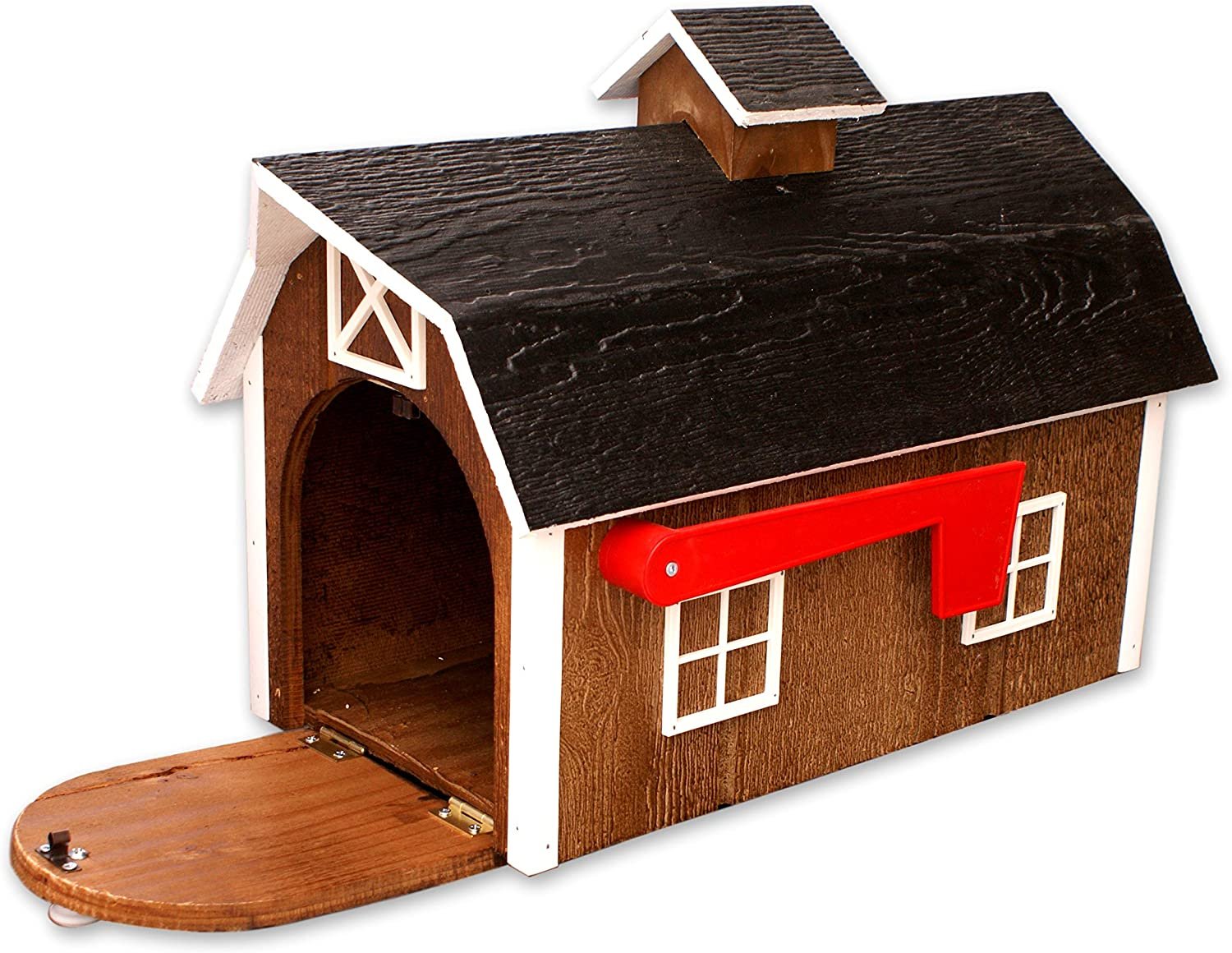 Amish-made wooden Dutch barn style mailbox mounted on a post, crafted for durable outdoor home improvement.