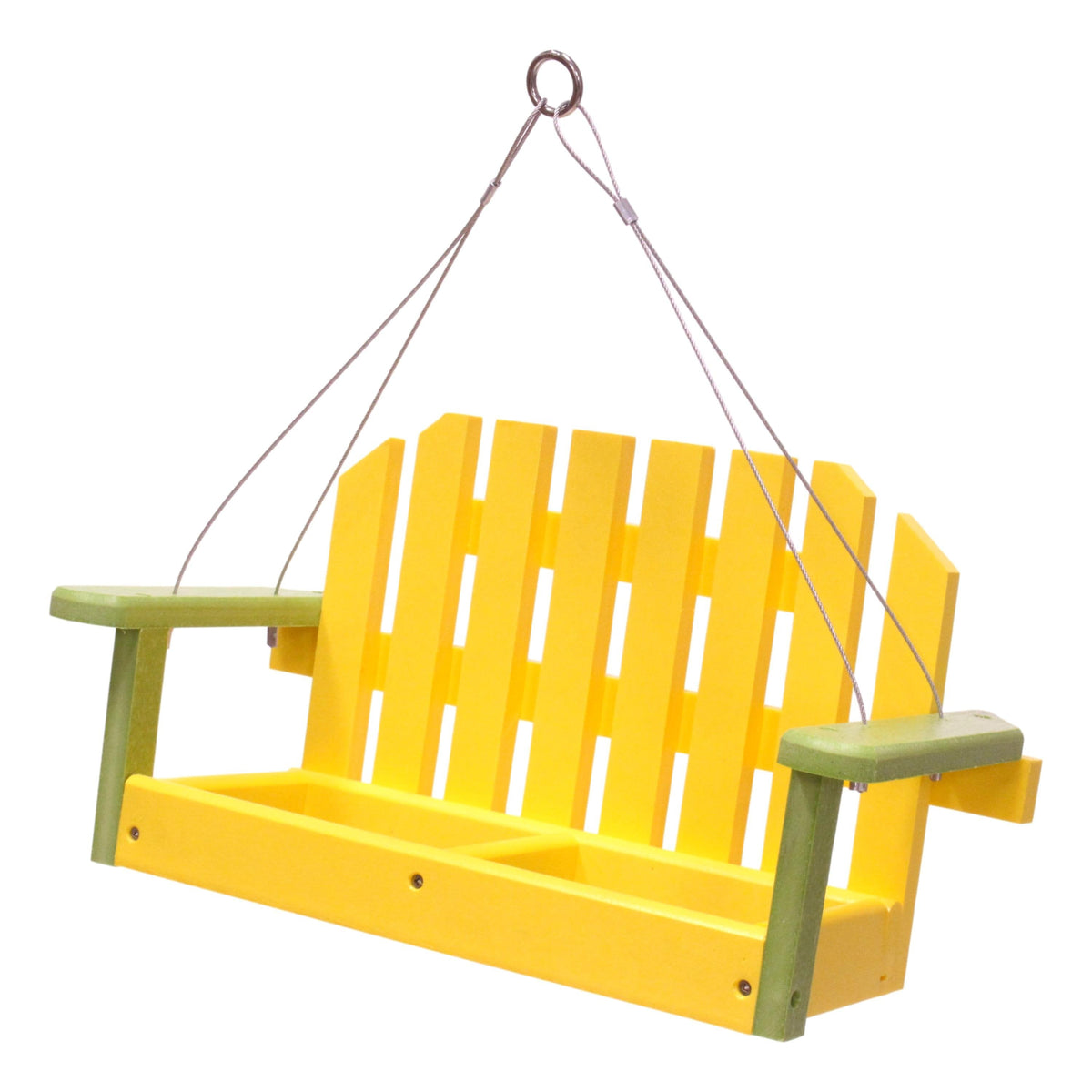 Amish-made porch swing bird feeder from AmishToyBox.com, eco-friendly poly lumber hanging decorative bird feeder with swing seat