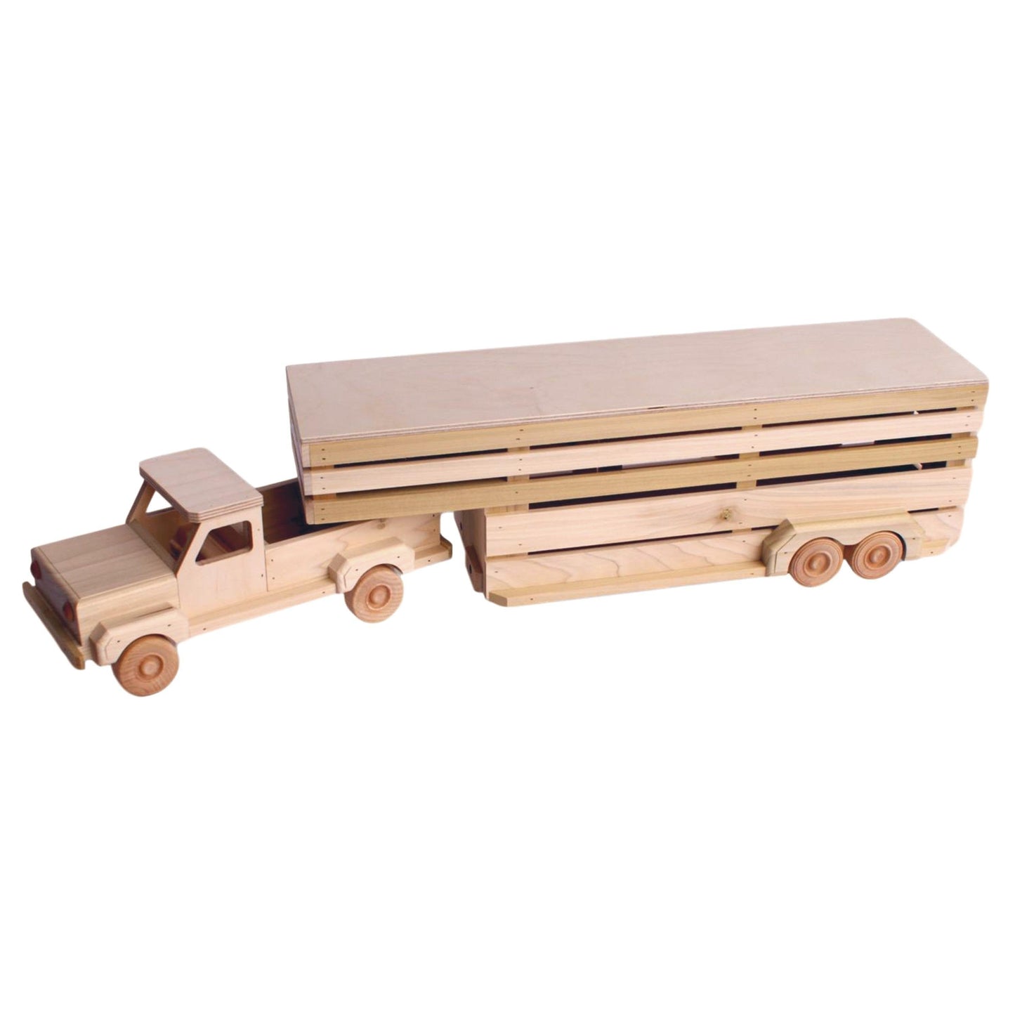 Amish-made wooden toy pickup truck with gooseneck trailer set, farm-themed wooden toy for children, crafted by AmishToyBox.com
