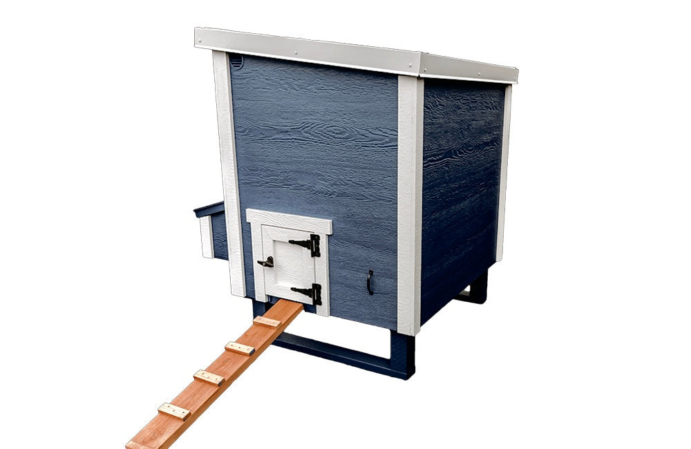 OverEZ medium blue chicken coop with spacious design, suitable for up to 10 chickens, featuring a sturdy structure and ventilation.