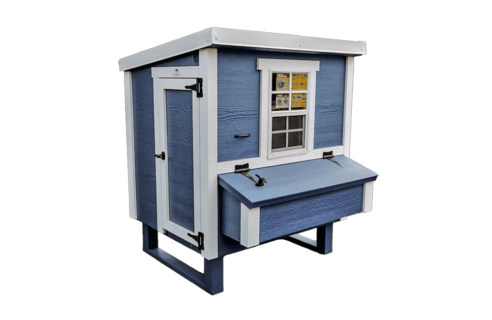 Medium blue OverEZ Chicken Coop with front door and window, designed for up to 10 chickens. Durable outdoor poultry shelter.