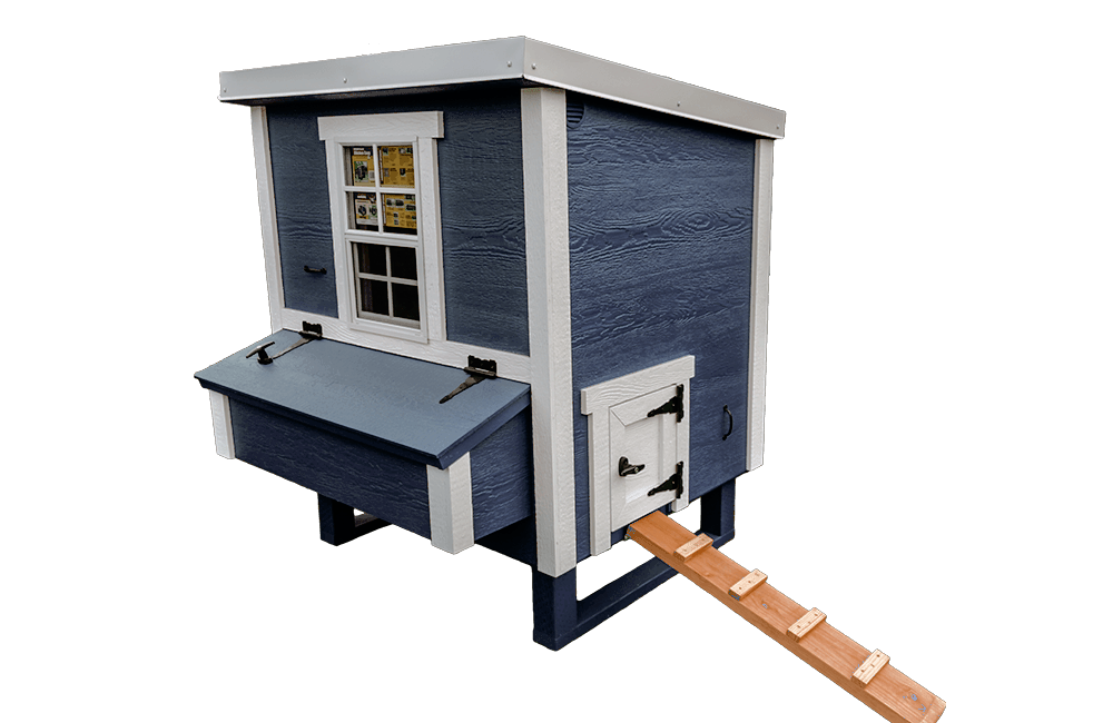 OverEZ medium chicken coop in blue with side view, designed for up to 10 chickens, sturdy outdoor poultry housing.
