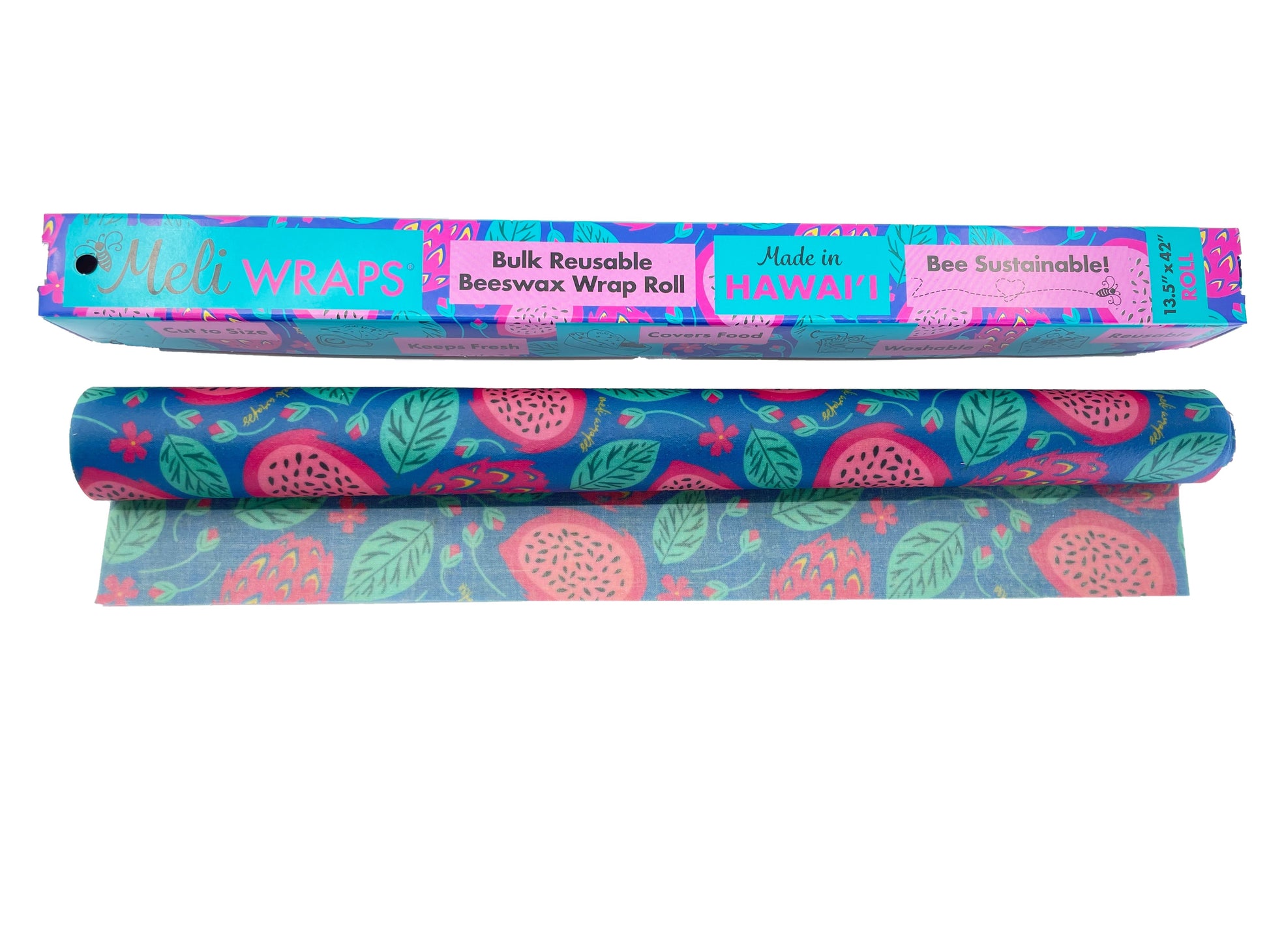 Beeswax wrap bulk roll with dragonfruit print from Meli Wraps, natural beeswax coating and vibrant fruit design.