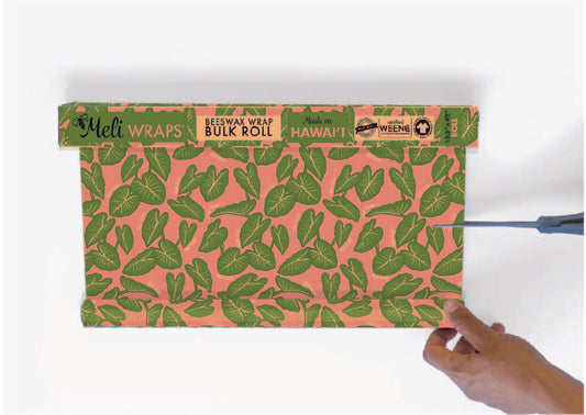 Meli Wraps beeswax wrap bulk roll with colorful Kalo print, natural beeswax coating, ideal for eco-friendly food storage.