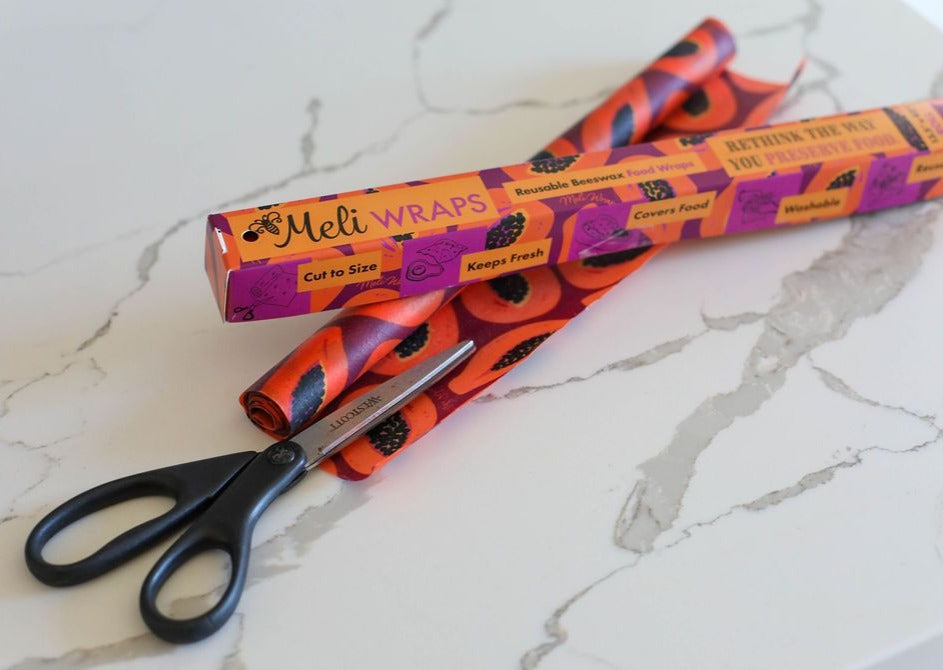Meli Wraps beeswax roll with purple papaya print, natural beeswax wrap bulk roll for food storage and wrapping.