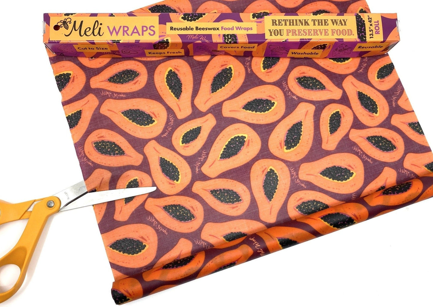 Meli Wraps beeswax wrap bulk roll with purple papaya print, reusable beeswax food wrap for eco-friendly storage.