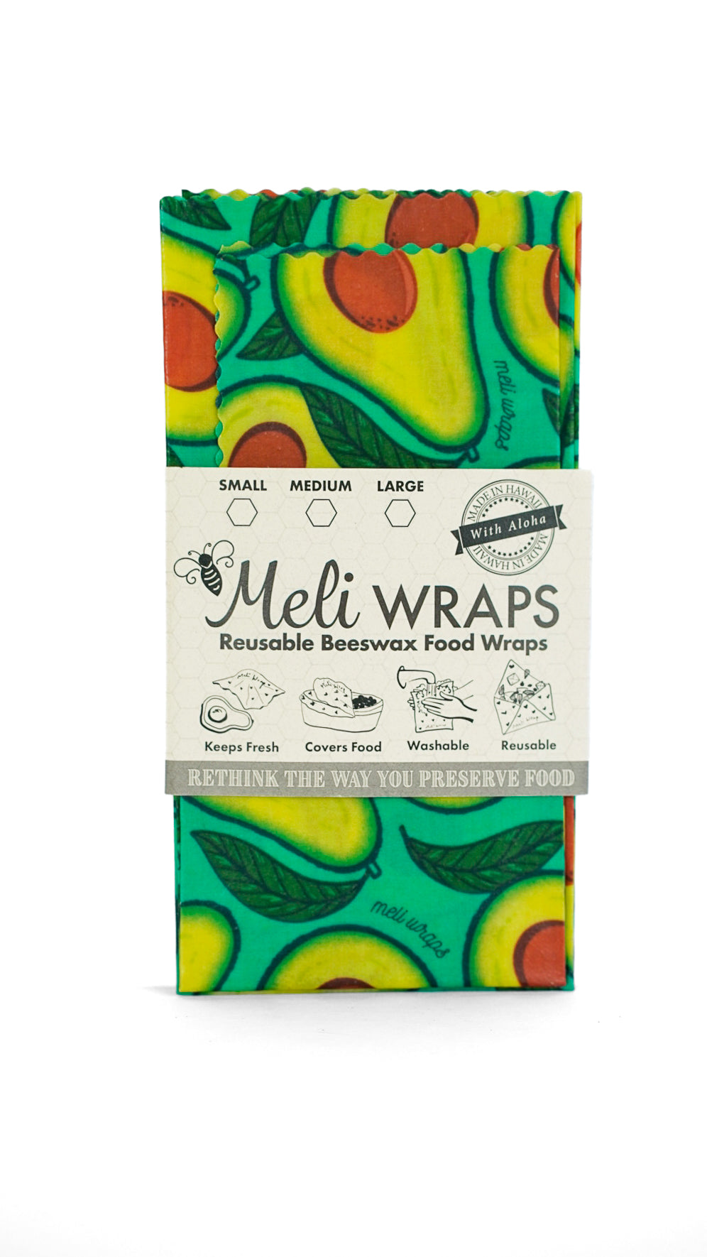 Set of Meli Wraps beeswax food wraps with avocado print in small, medium, and large sizes for eco-friendly food storage.