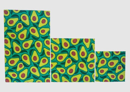 Set of Meli Wraps beeswax food wraps in avocado print, including small, medium, and large sizes for eco-friendly food storage.