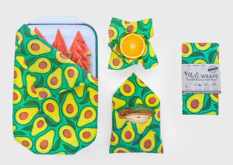 Set of Meli Wraps beeswax food wraps in small, medium, and large sizes featuring avocado print designs.