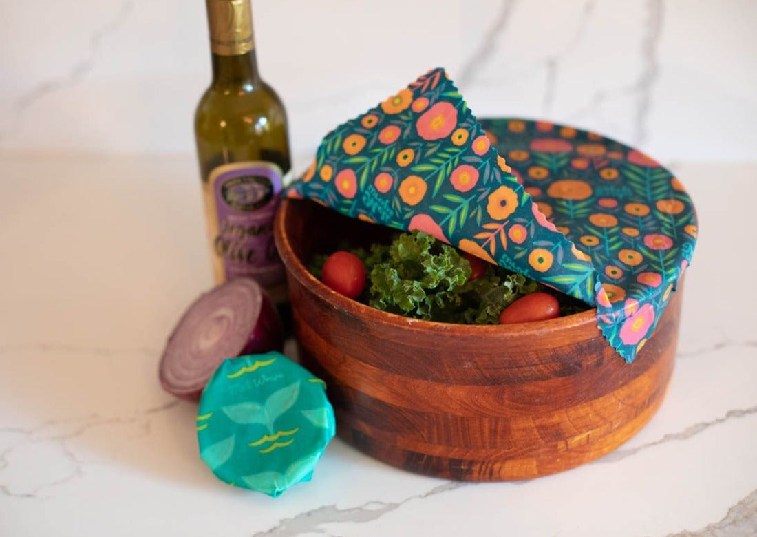 Set of Meli Wraps beeswax food wraps in fall bloom print, including small, medium, and large sizes for food storage.