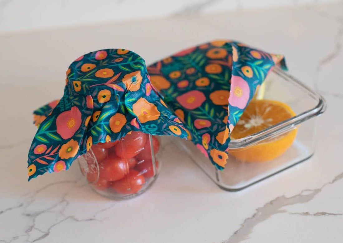 Set of Meli Wraps beeswax food wraps in fall bloom print, featuring small, medium, and large sizes for food storage.