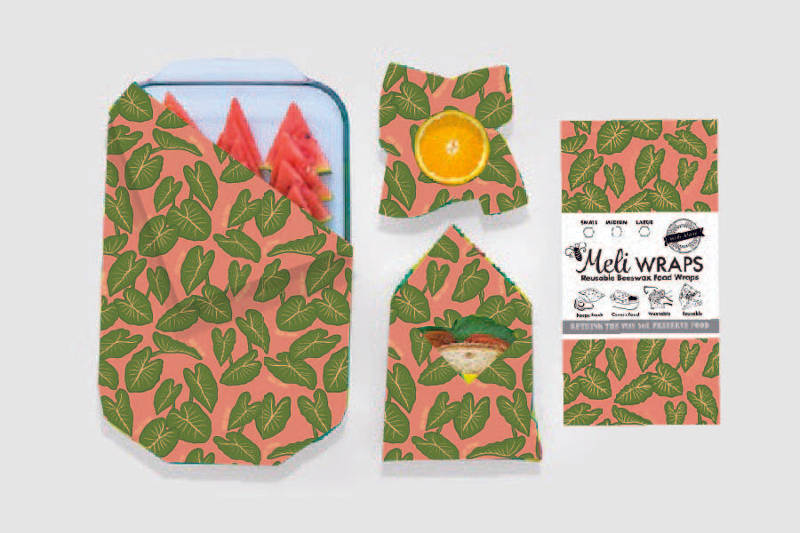 Set of three Meli Wraps beeswax food wraps with Kalo print in small, medium, and large sizes, featuring colorful geometric patterns.