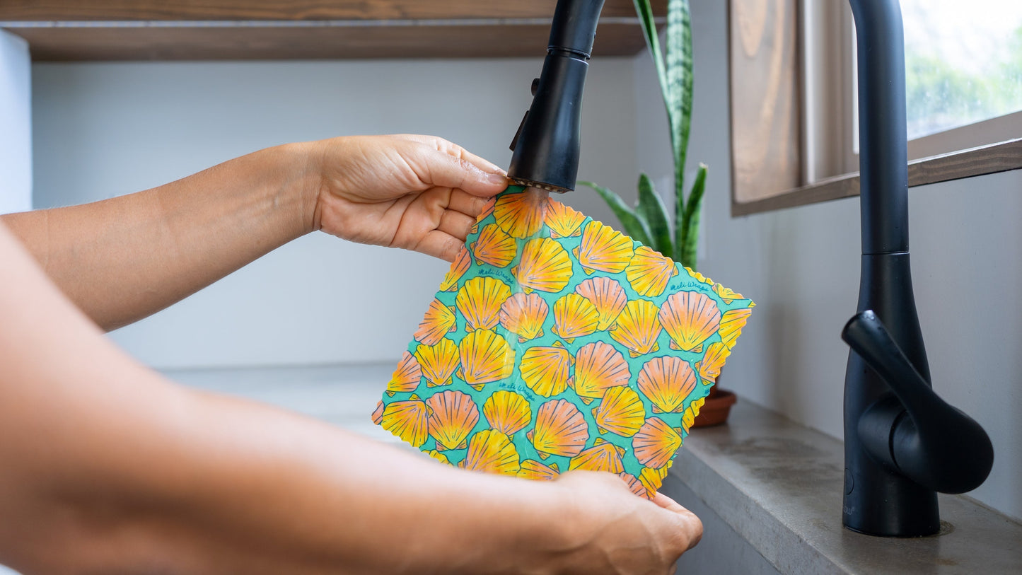 Set of Meli Wraps beeswax food wraps in sunrise shell print, includes small, medium, and large wraps for food storage.