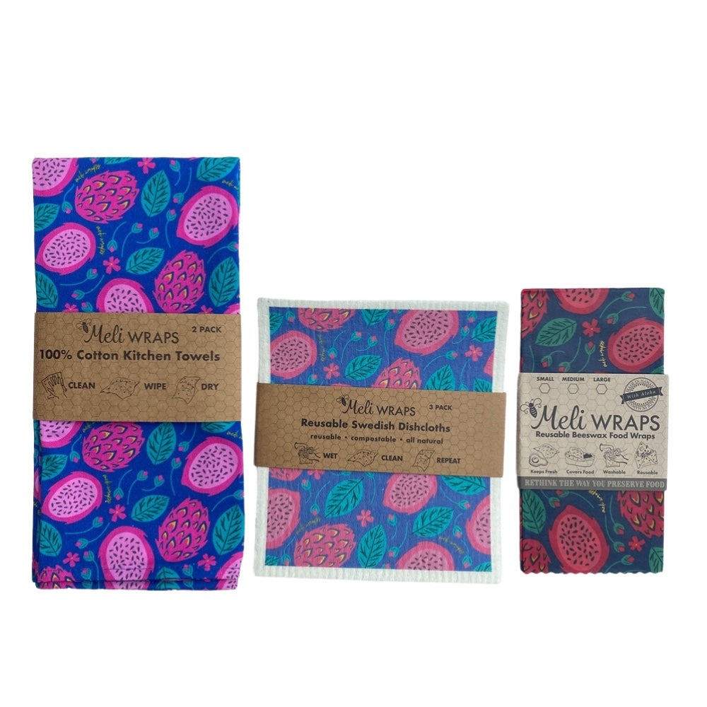 Beeswax eco-friendly dragonfruit gift set from Meli Wraps featuring reusable beeswax wraps with vibrant dragonfruit design.
