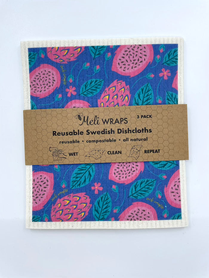 Meli Wraps beeswax eco-friendly dragonfruit gift set with colorful beeswax wraps and reusable accessories on white background.