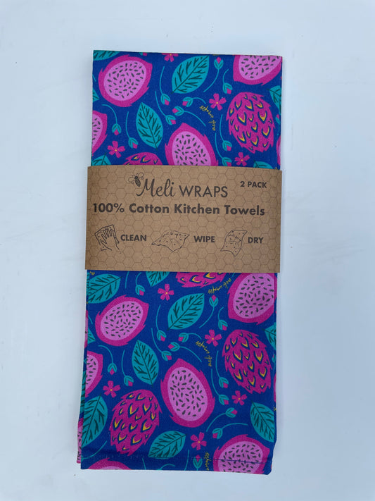 Set of two Dragonfruit cotton kitchen towels by Meli Wraps, soft and absorbent for drying and kitchen use.