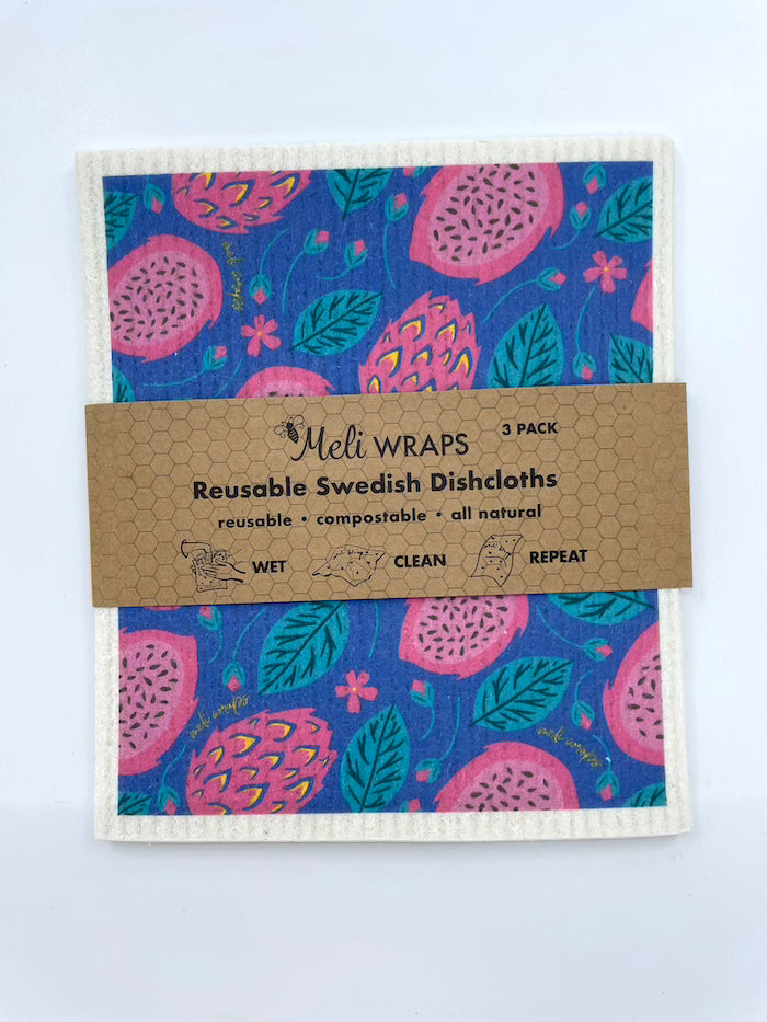Set of three Dragonfruit Swedish dish cloths by Meli Wraps, colorful and reusable kitchen cleaning cloths.