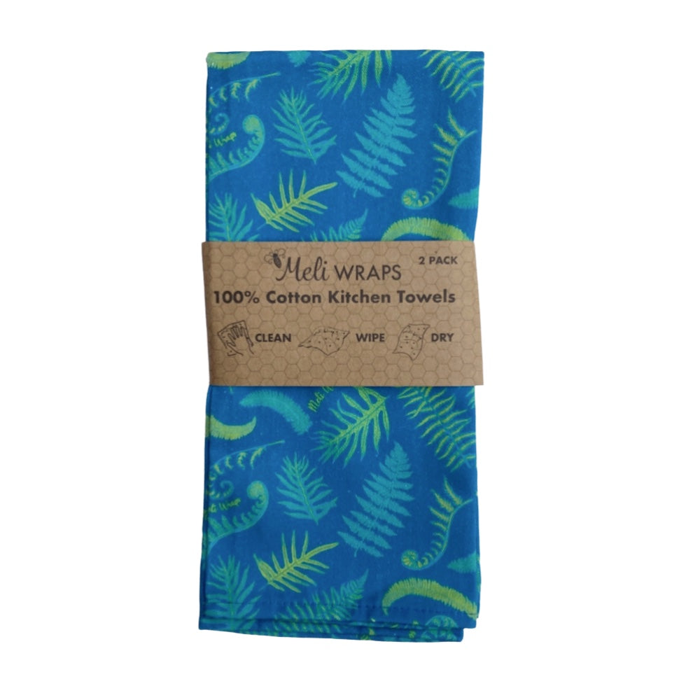 Set of two Fern kitchen towels by Meli Wraps, 100% cotton, featuring green fern leaf design for kitchen use.