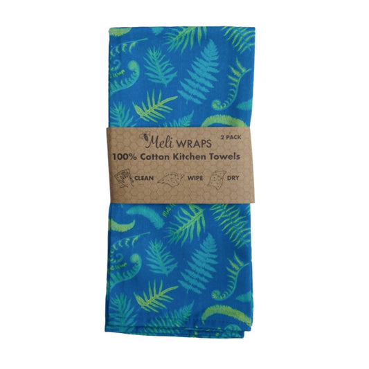 Set of two Fern kitchen towels by Meli Wraps, 100% cotton, featuring green fern leaf design for kitchen use.