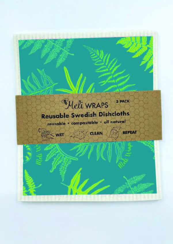 Set of three Fern Swedish dish cloths by Meli Wraps, featuring eco-friendly, patterned kitchen cloths for cleaning and drying.