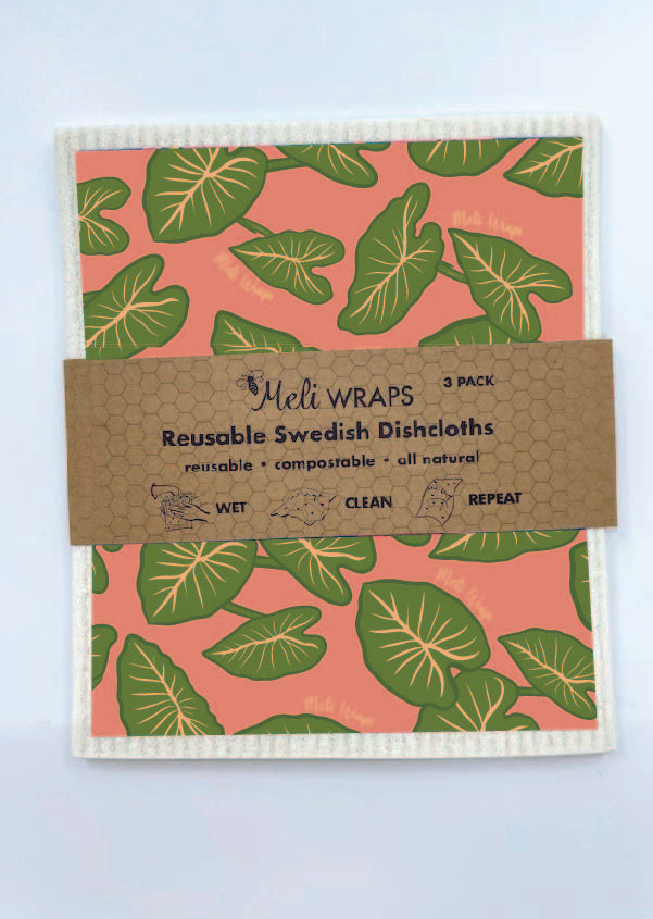 Set of three Kalo Swedish dish cloths by Meli Wraps, colorful reusable kitchen cloths for cleaning and drying.