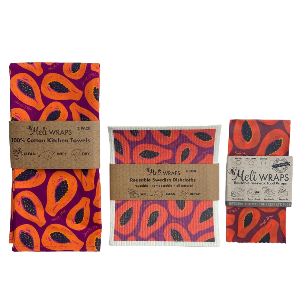 Meli Wraps Papaya Gift Set with colorful eco-friendly wraps and accessories for sustainable food storage.