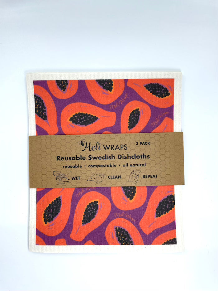 Set of three Papaya Swedish dish cloths by Meli Wraps, colorful eco-friendly kitchen cleaning cloths displayed flat