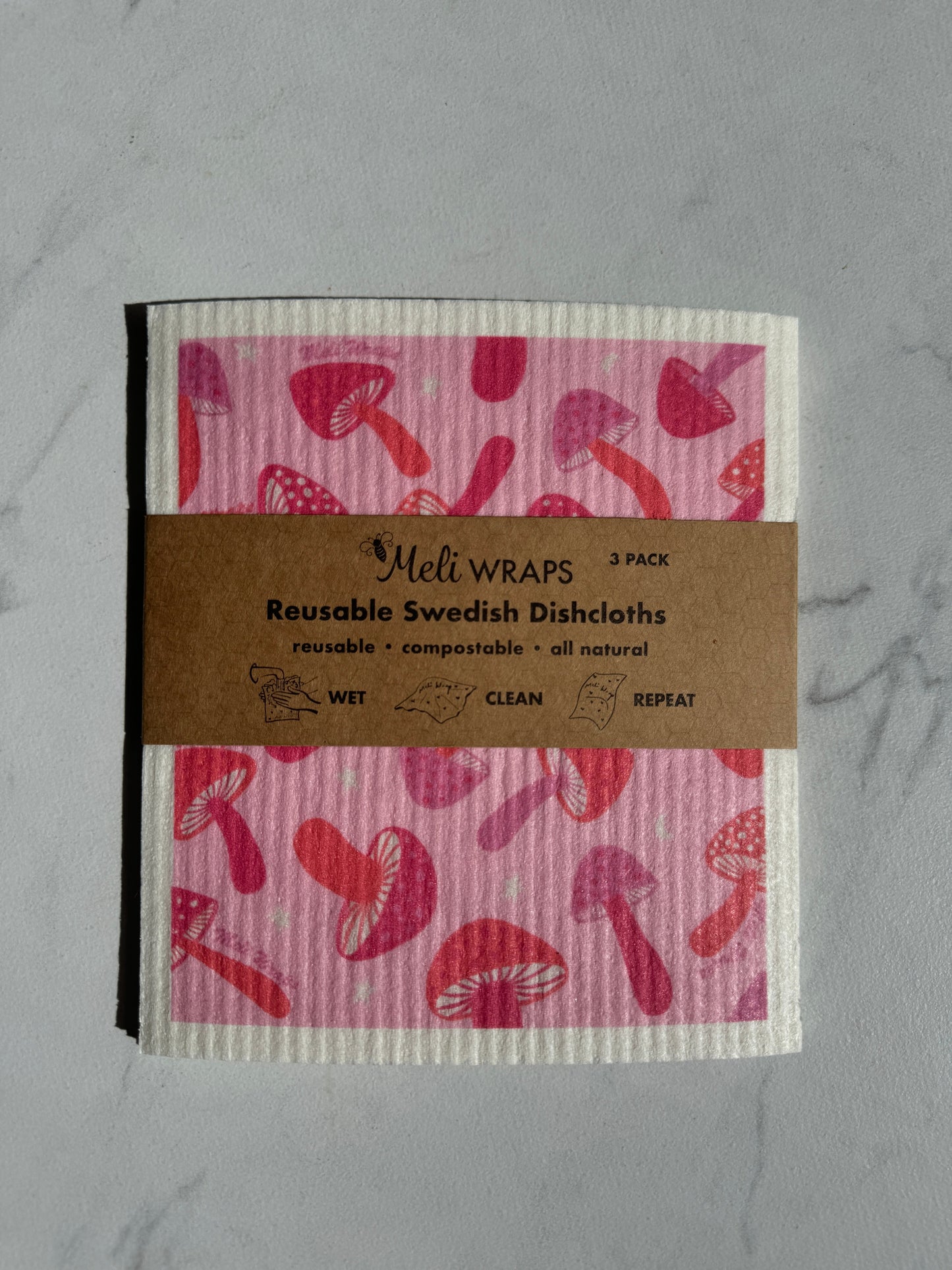 Set of three pink mushroom Swedish dish cloths by Meli Wraps, soft and absorbent kitchen cleaning cloths with mushroom design.