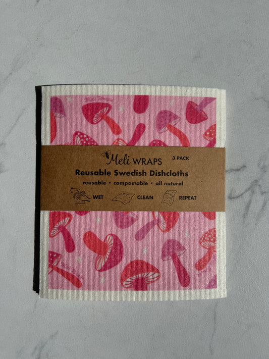 Set of three pink mushroom Swedish dish cloths by Meli Wraps, soft and absorbent kitchen cleaning cloths with mushroom design.