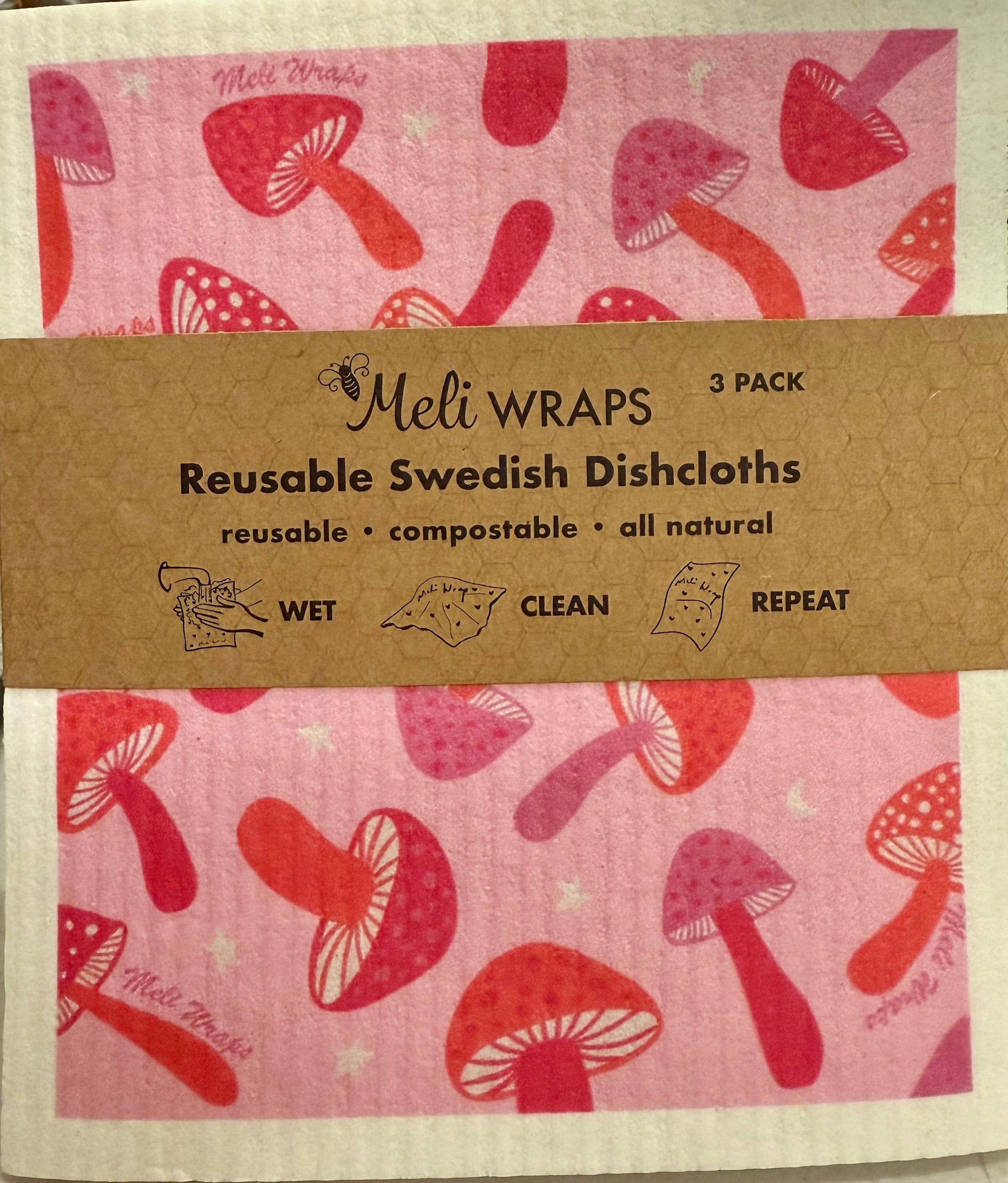 Set of three pink mushroom Swedish dish cloths by Meli Wraps, eco-friendly kitchen cleaning cloths with vibrant mushroom design.