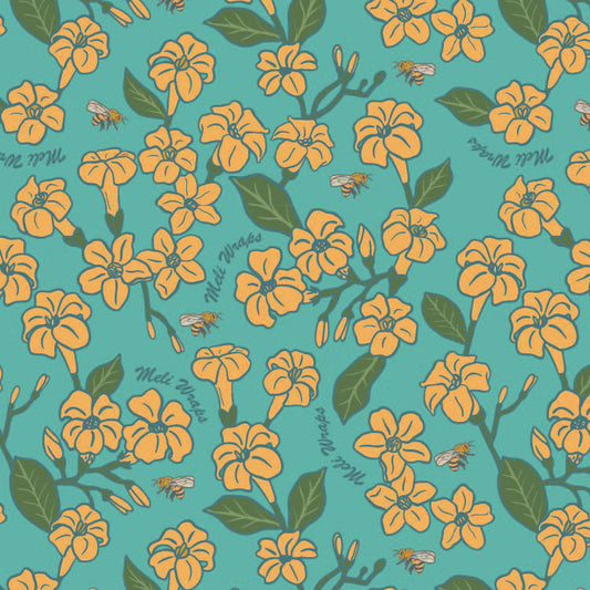 Set of two Meli Wraps Puakenikeni and Bee cotton kitchen towels, soft, absorbent, with floral and bee designs.