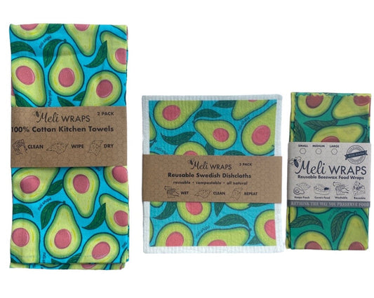 Avocado gift set with eco-friendly wraps by Meli Wraps, featuring reusable, sustainable food wraps in avocado-themed designs.