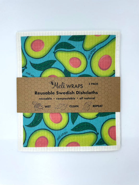 Set of three Meli Wraps Avocado Swedish dish cloths for kitchen use, featuring colorful avocado designs on absorbent cloths.