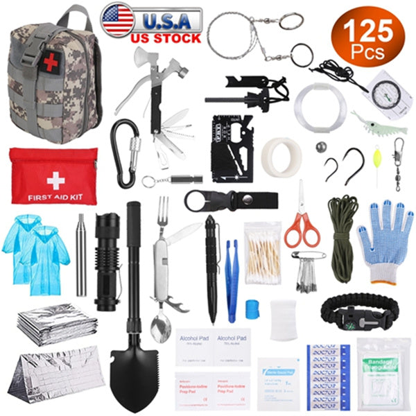 Mercantile Mountain 125-in-1 survival kit with camping, hiking, and emergency SOS gear, shown with various tools and accessories.