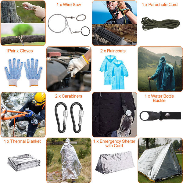 Mercantile Mountain 125-in-1 survival kit with camping, hiking, and emergency gear, including tools and SOS equipment.