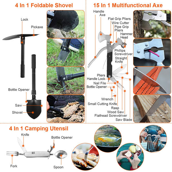 Mercantile Mountain 125-in-1 survival kit for camping, hiking, and emergency SOS with professional gear and tools.