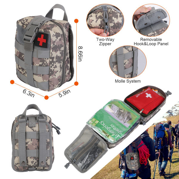 Mercantile Mountain 125-in-1 survival kit with camping, hiking, and emergency SOS gear arranged in a compact case.