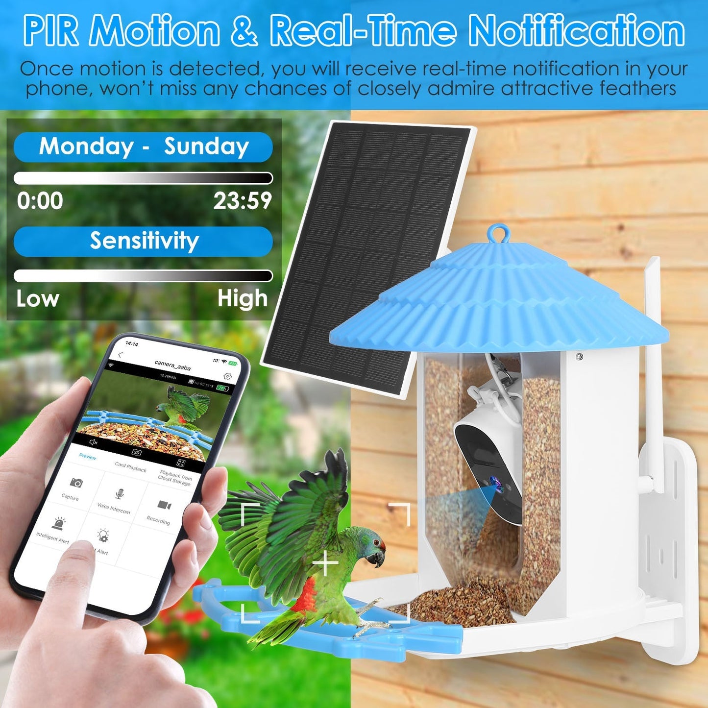 Mercantile Mountain Solar Powered Smart Bird Feeder with 2K bird watching camera, designed for bird watching and outdoor wildlife viewing.