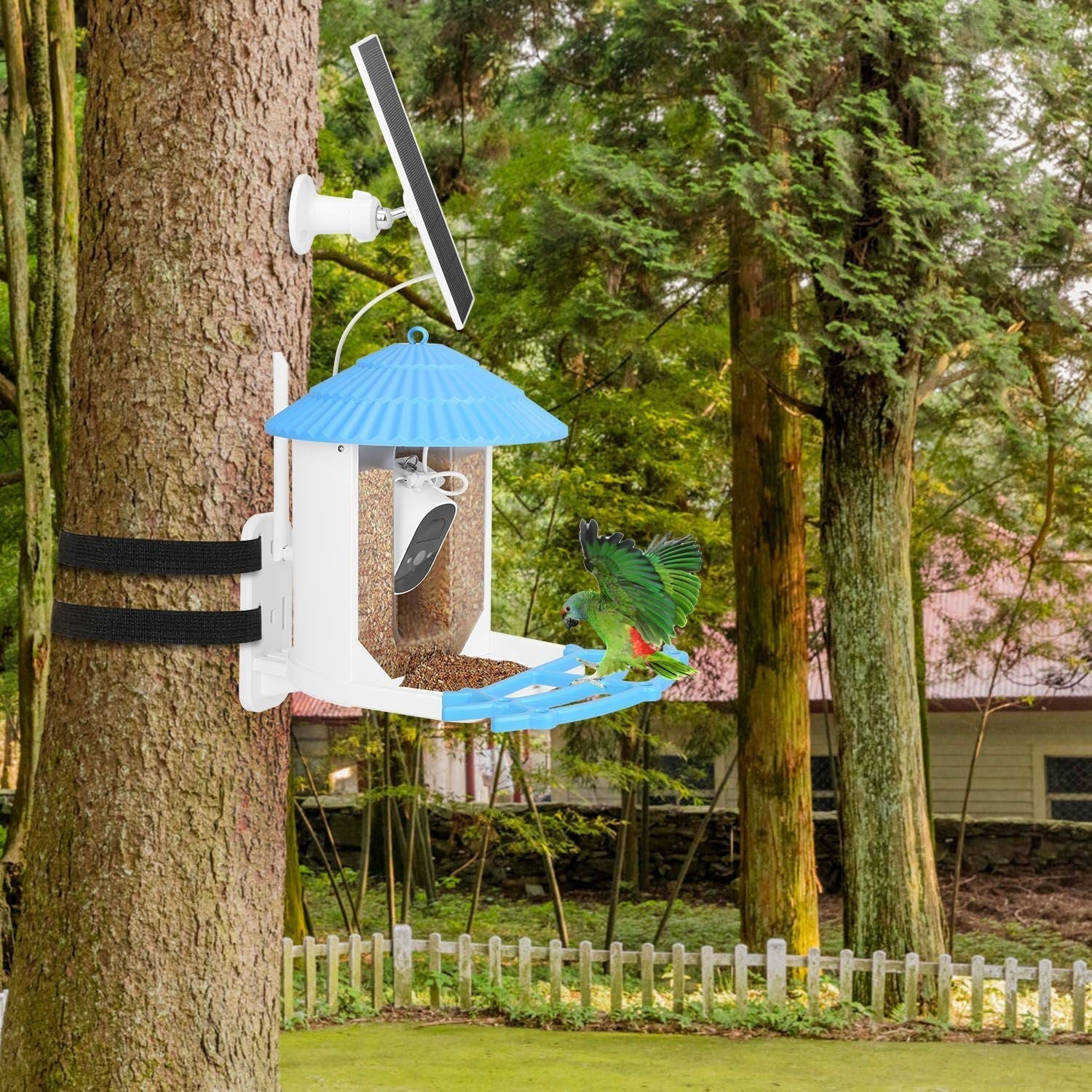 Mercantile Mountain Solar Powered Smart Bird Feeder with 2K camera, bird watching features, and durable design.