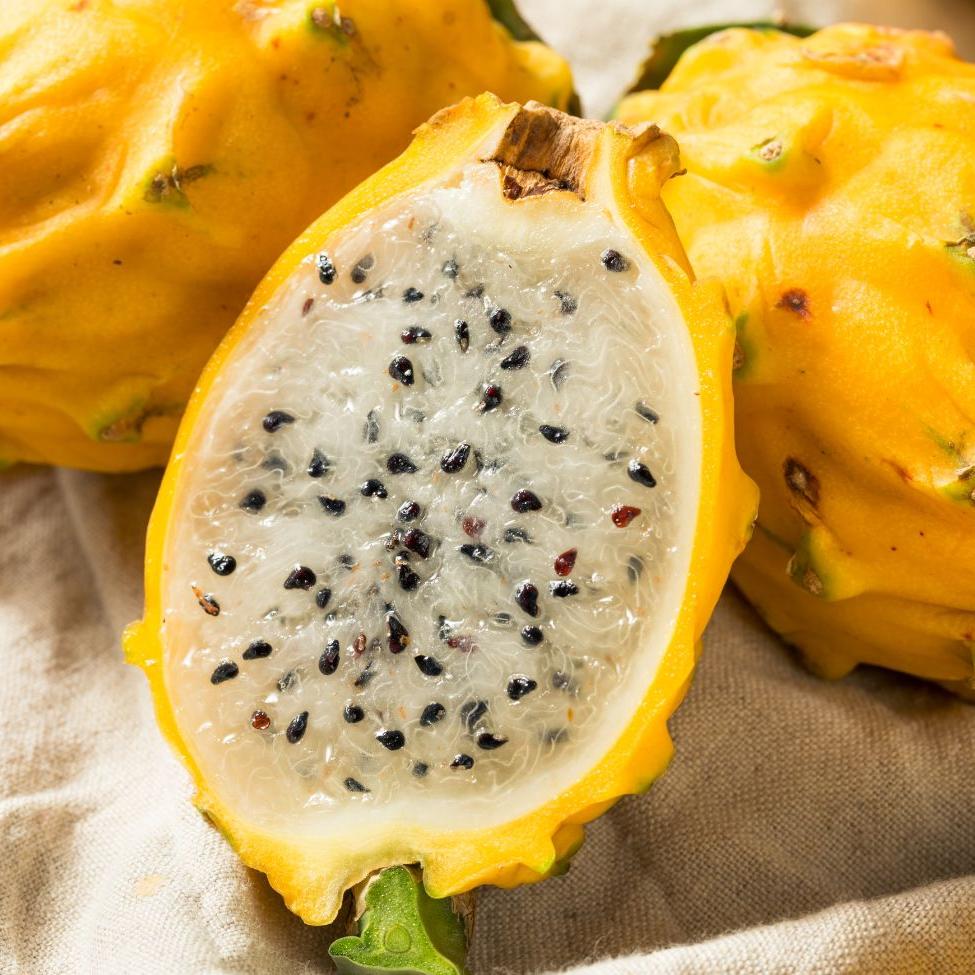 Bright yellow dragonfruit, an exotic fruit from MIgardener, with vibrant skin and white flesh with black seeds visible inside.