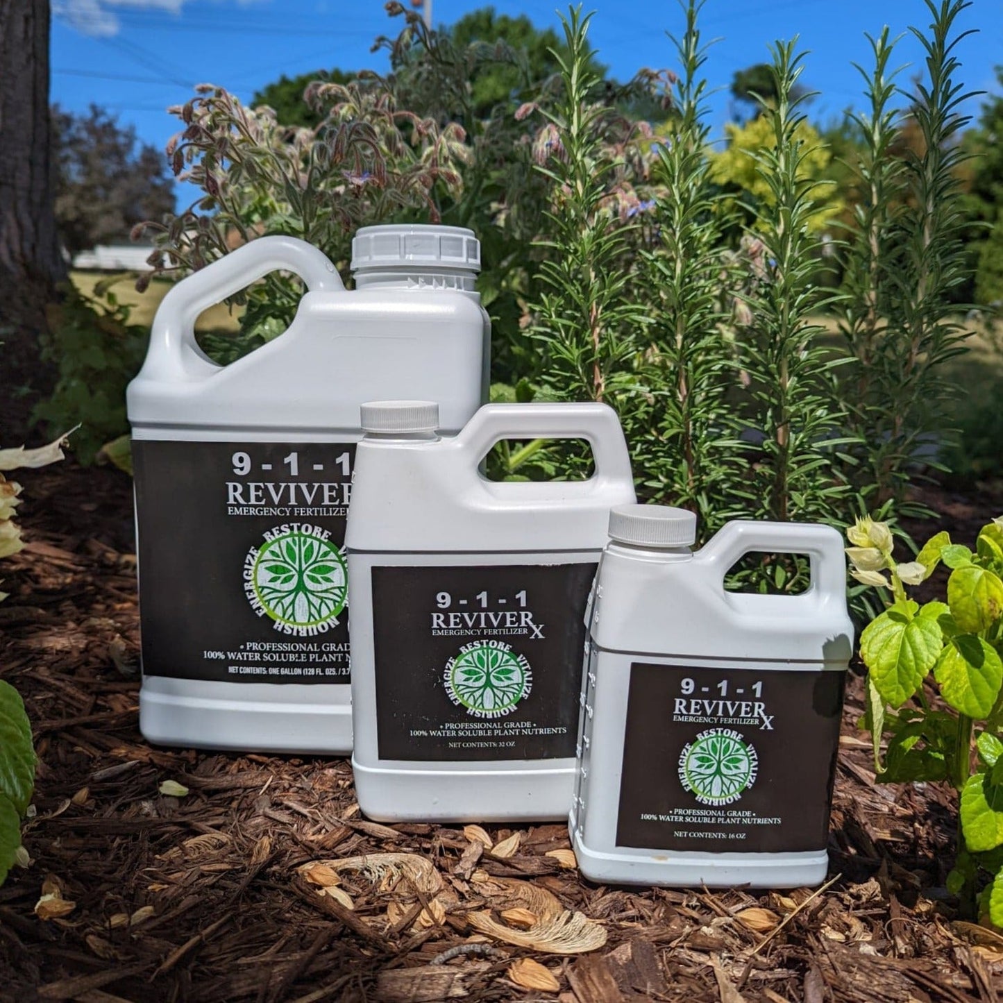 MIgardener Revive Rx fertilizer gallon jug, showing the container with label and green cap for plant nutrient boosting.