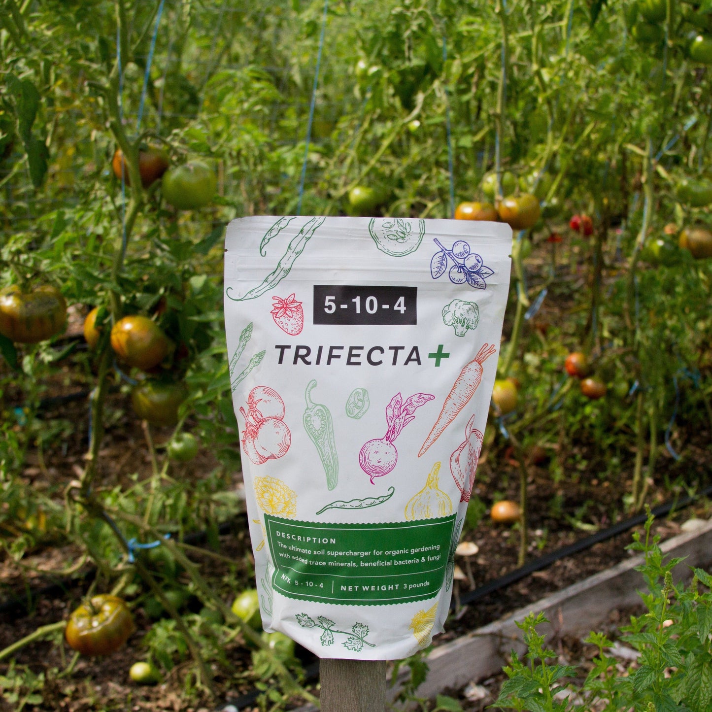 MIgardener Trifecta+ fertilizer bag, 3lb, with colorful label showcasing nutrient-rich organic fertilizer for plants.