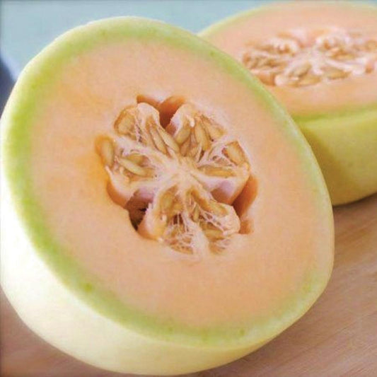 Orange flesh honeydew melon from MIgardener, showing its round shape and vibrant orange interior flesh.