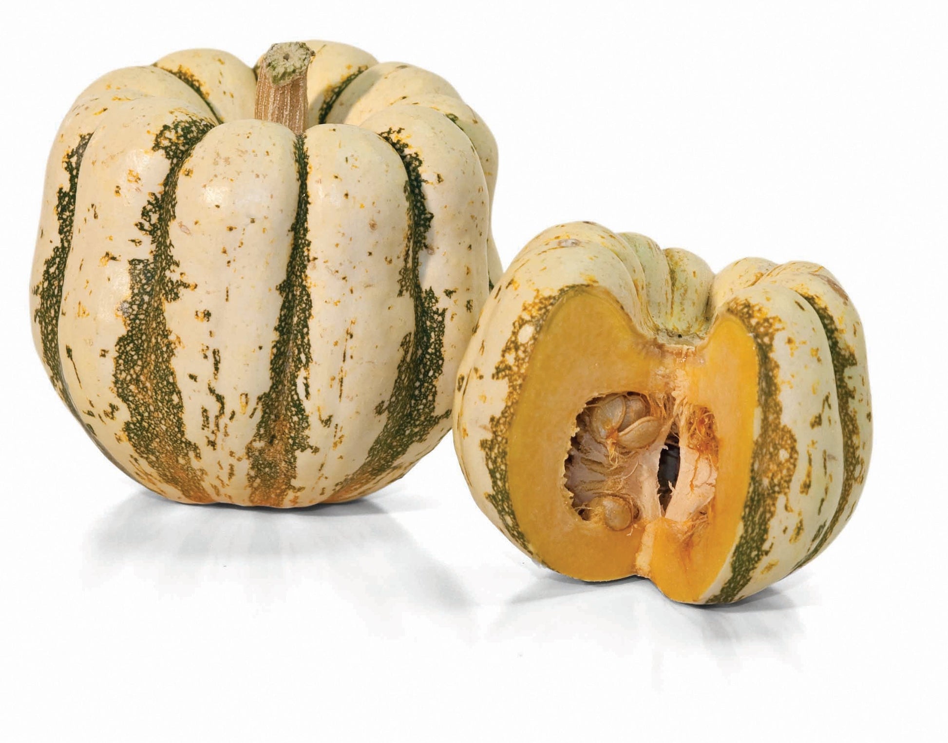 Fresh Sweet Dumpling Squash from MIgardener, showcasing its vibrant orange, ribbed exterior and compact, round shape.